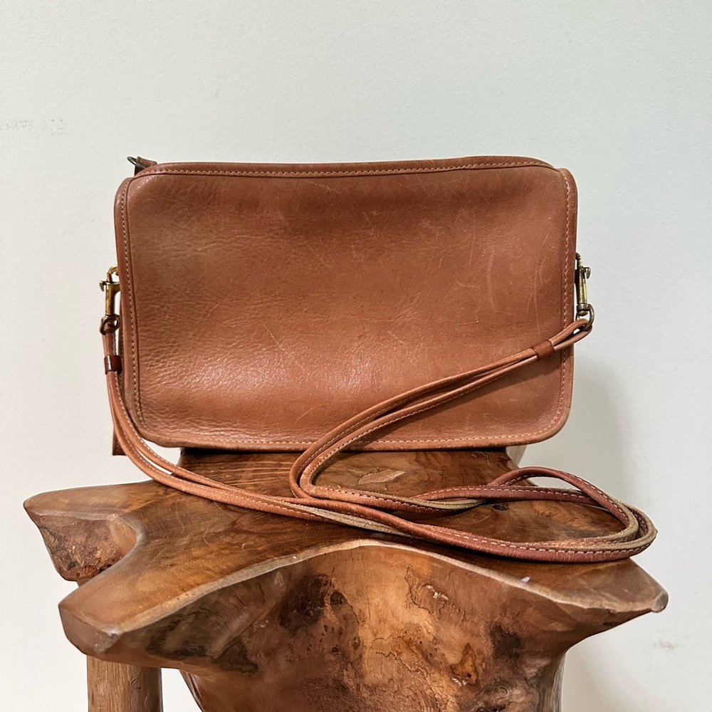 Vintage COACH mini clutch brown tan with brass hardware  shoulder strap